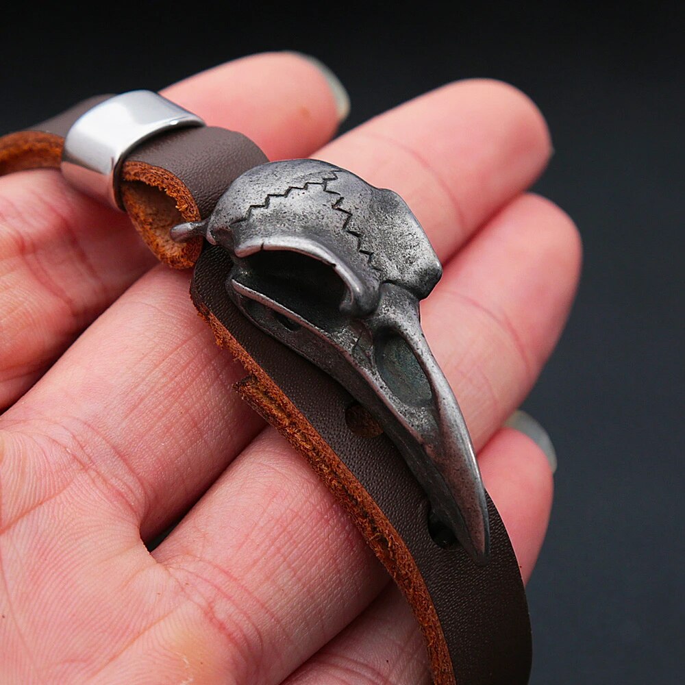 RAVEN SKULL VIKING LEATHER BRACELET