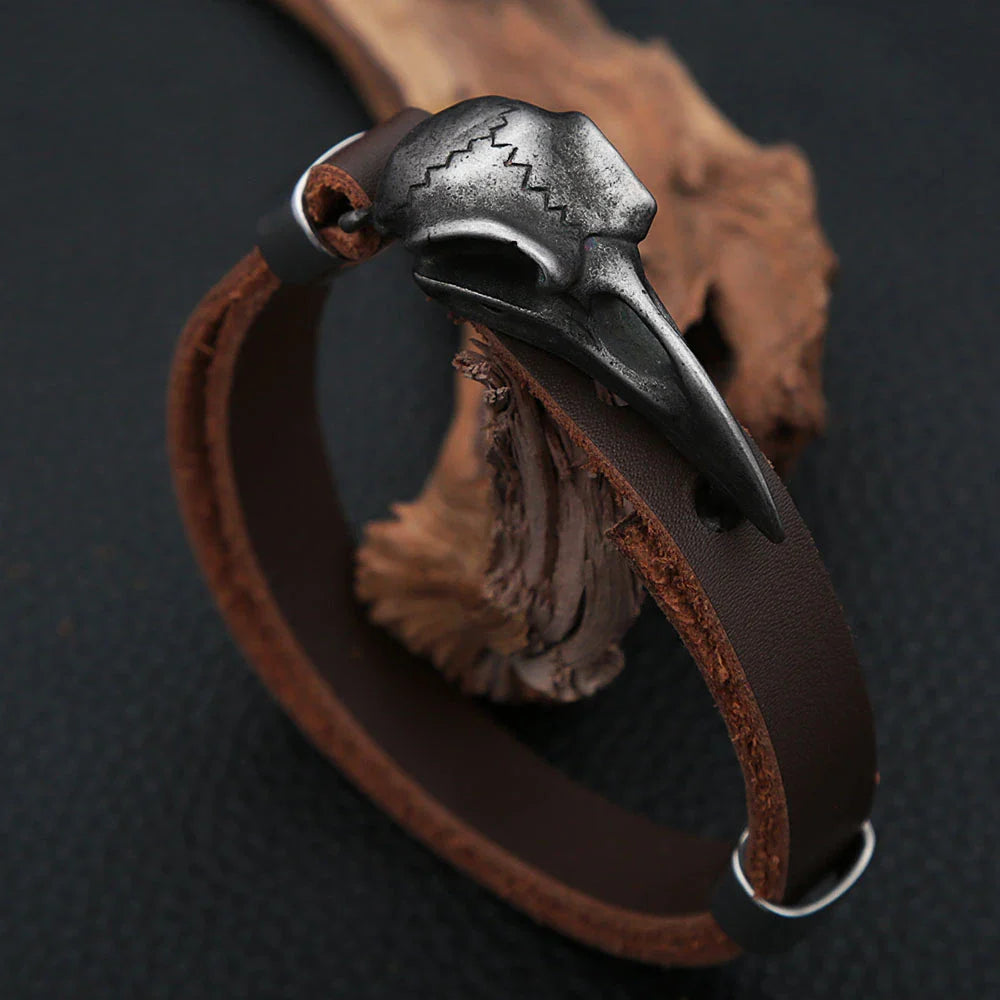 RAVEN SKULL VIKING LEATHER BRACELET