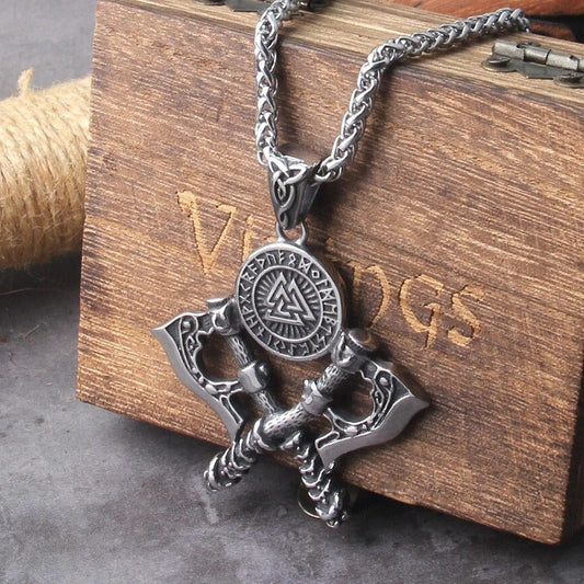 VIKING NECKLACE - DOUBLE AXE, VALKNUT & NORDIC RUNES