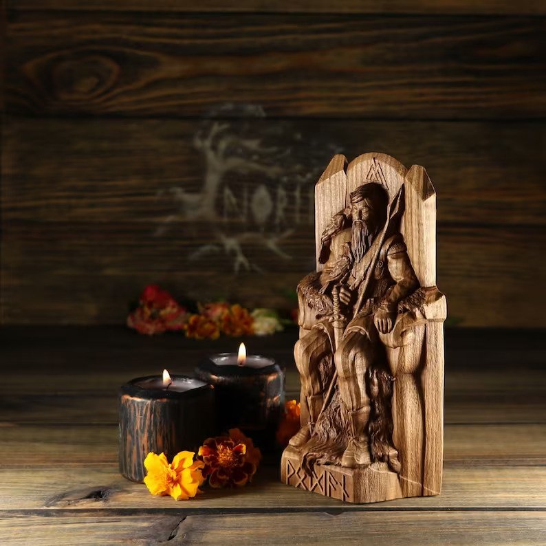 NORDIC GOD ODIN WOODEN VIKING STATUE