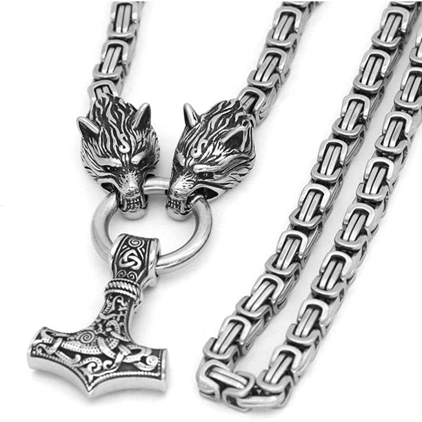 KING CHAIN WITH MJOLNIR PENDANT HELD BY WOLF HEADS