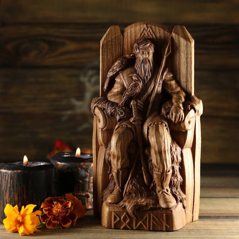 NORDIC GOD ODIN WOODEN VIKING STATUE