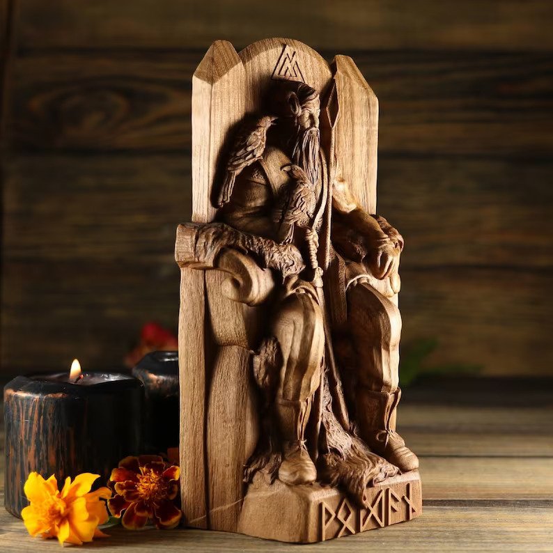 NORDIC GOD ODIN WOODEN VIKING STATUE