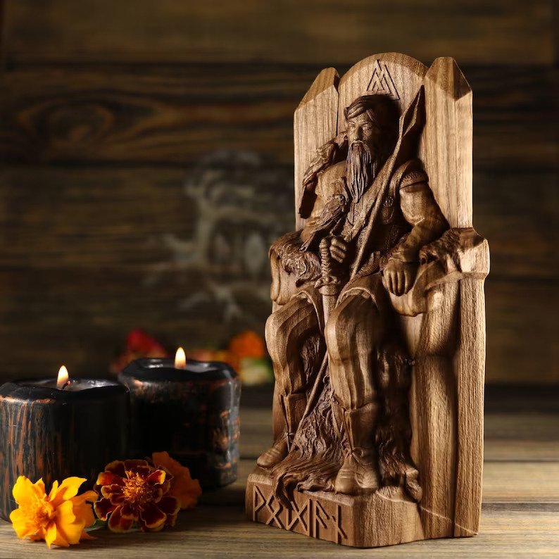 NORDIC GOD ODIN WOODEN VIKING STATUE