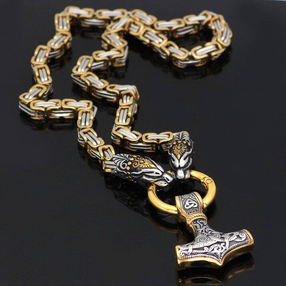 Gold-Trimmed King’s Chain with Two Tiger Heads and Mjolnir Pendant