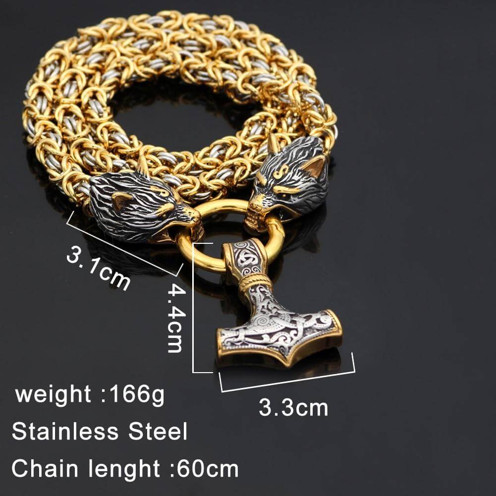 Gold-Trimmed King’s Chain with Two Wolf Heads Holding a Mjolnir Pendant