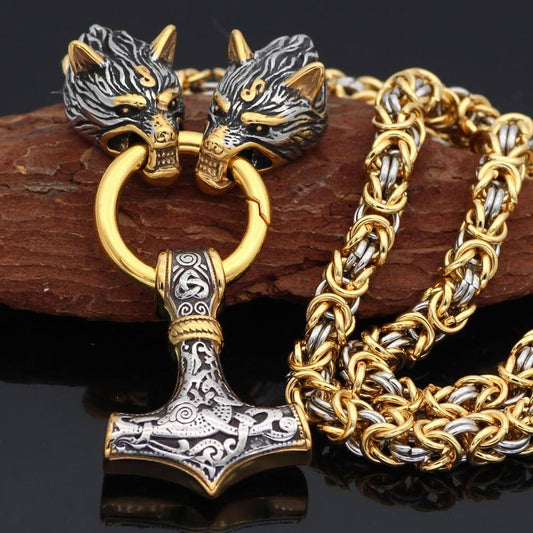 Gold-Trimmed King’s Chain with Two Wolf Heads Holding a Mjolnir Pendant