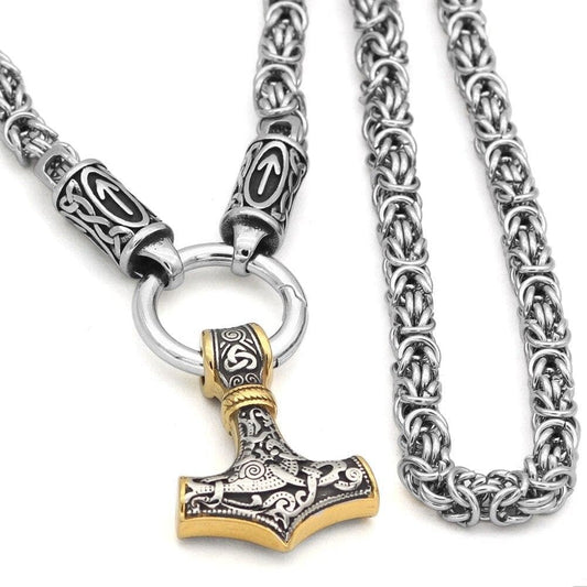 Braided King’s Chain with Runes and Gold-Decorated Mjolnir Pendant