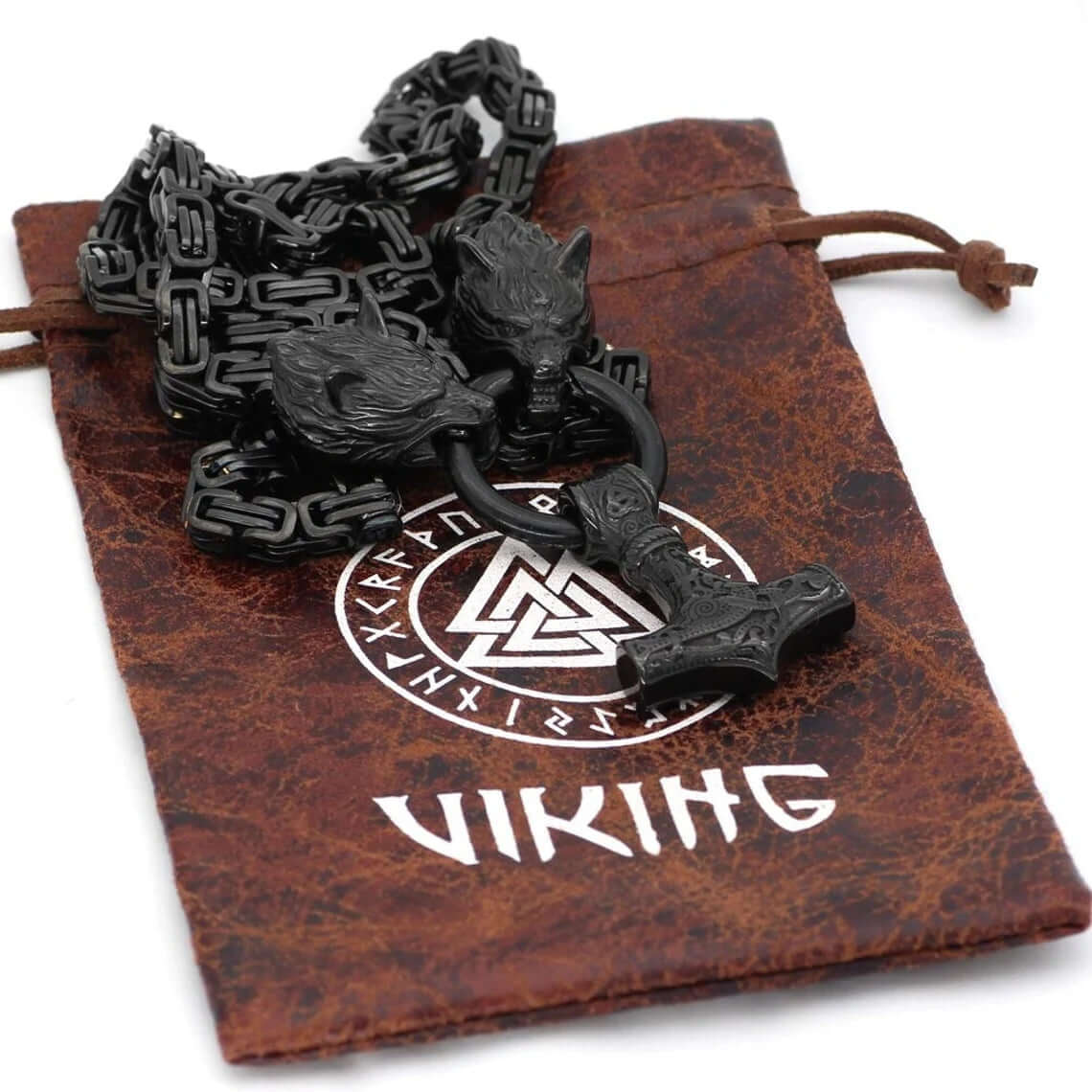 BLACK KING CHAIN - WITH WOLF'S HEADS & MJÖLNIR PENDANT