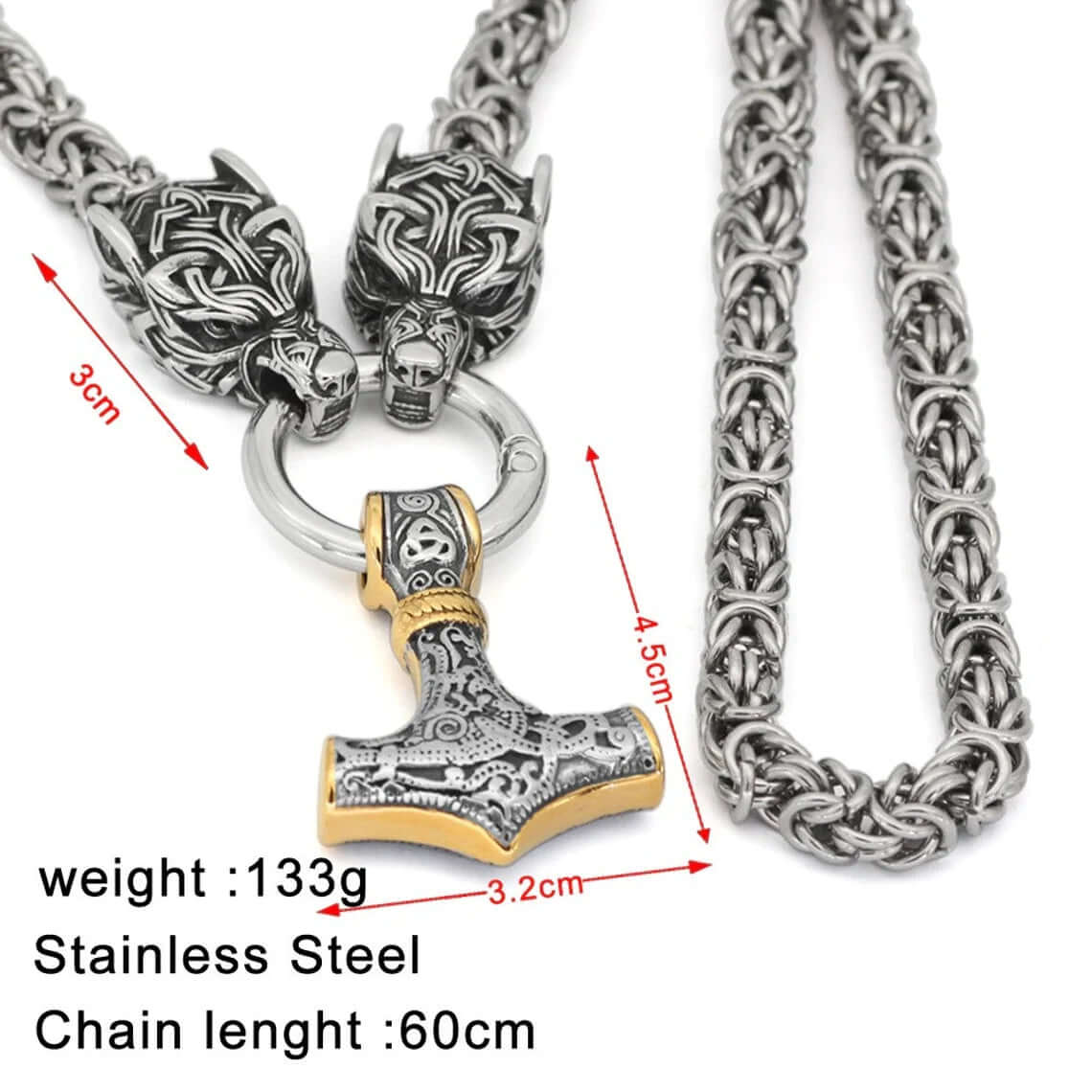 Braided King’s Chain with Two Wolf Heads Holding a Mjolnir Pendant