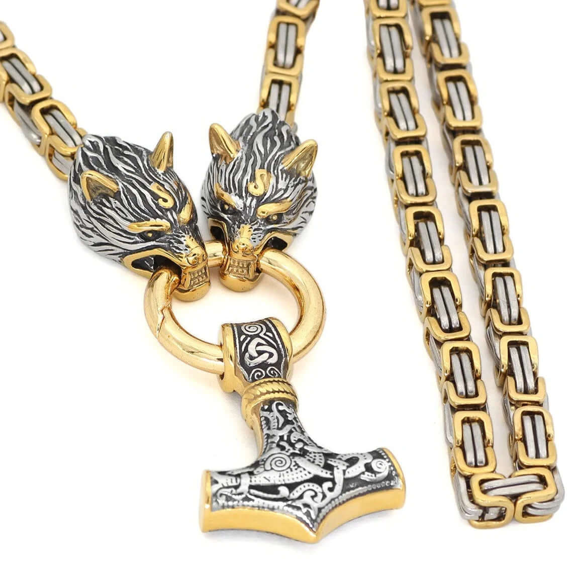 Gold-Trimmed King’s Chain with Two Wolf Heads Holding a Mjolnir Pendant