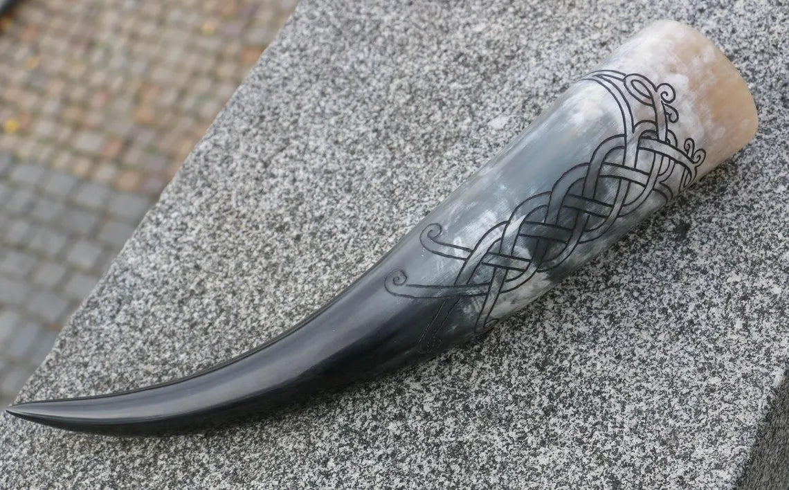 Carved Drinking Horn with Norse Ravens