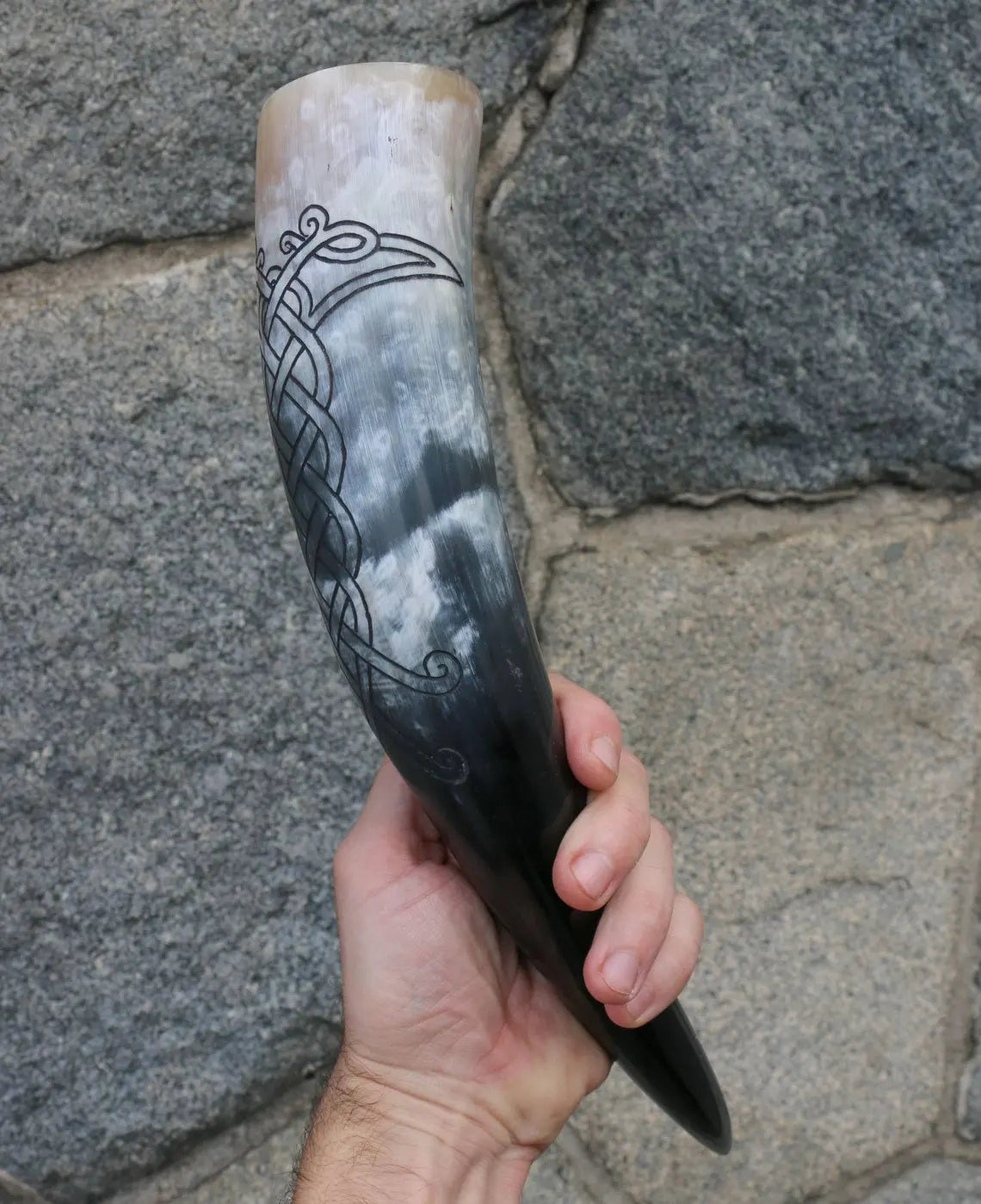 Carved Drinking Horn with Norse Ravens