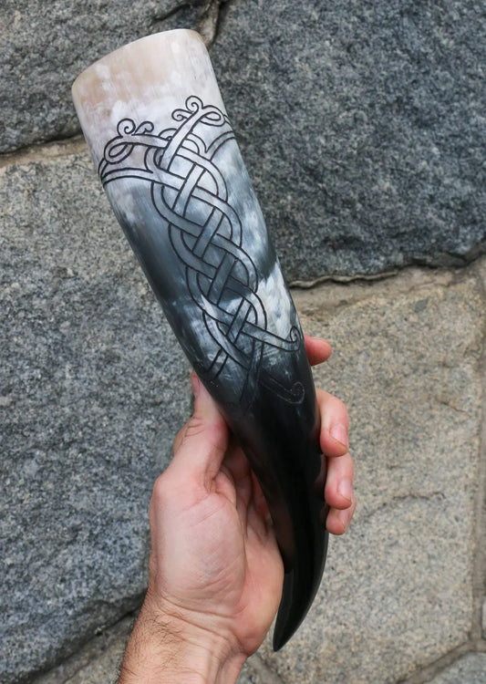 Carved Drinking Horn with Norse Ravens