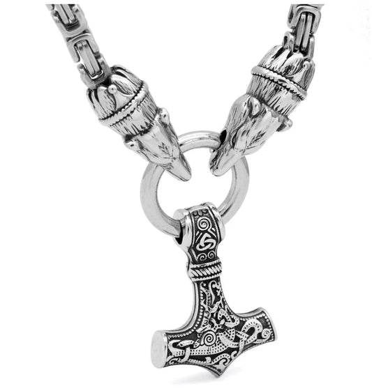 KING CHAIN WITH TWO BEAR HEADS HOLDING MJOLNIR PENDANT