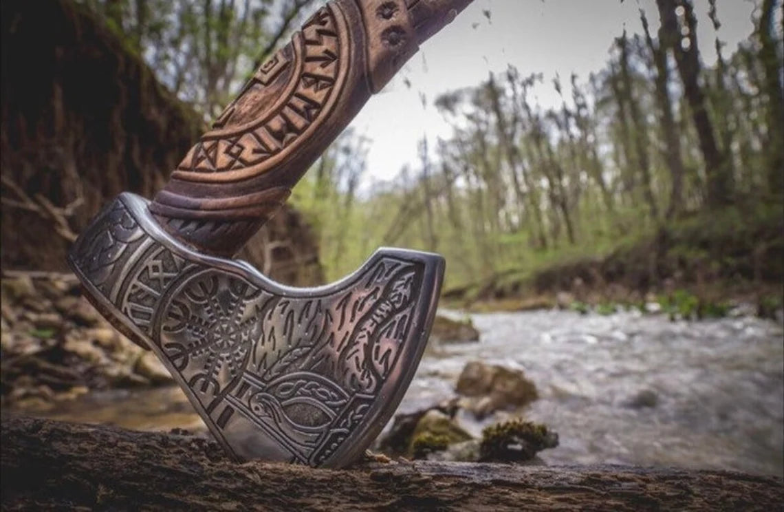 Engraved Viking Battle Axe with Inscribed Brown Leather Handle