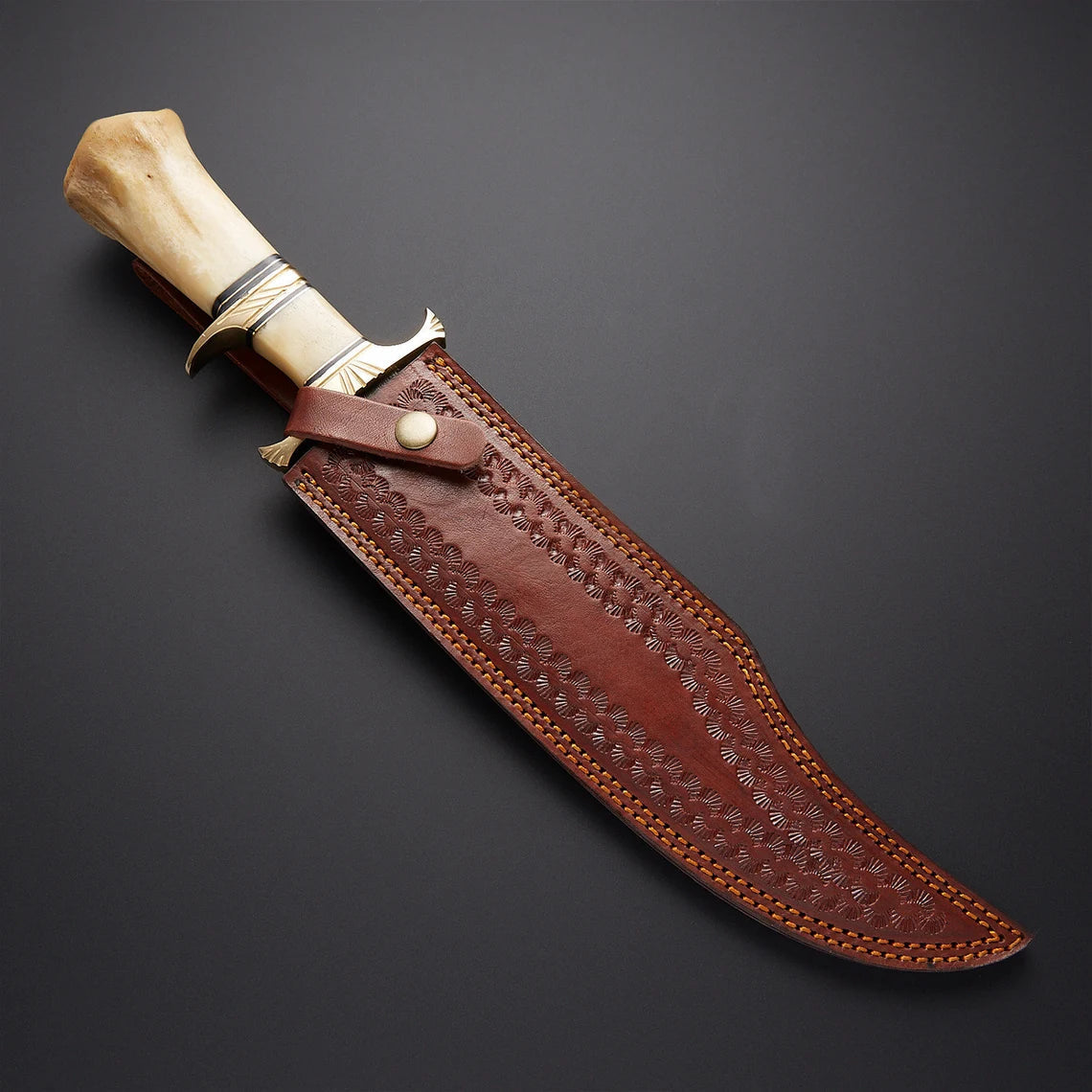 HAND-FORGED VIKING HUNTING KNIFE WITH CAMEL BONE HANDLE AND LEATHER SHEATH