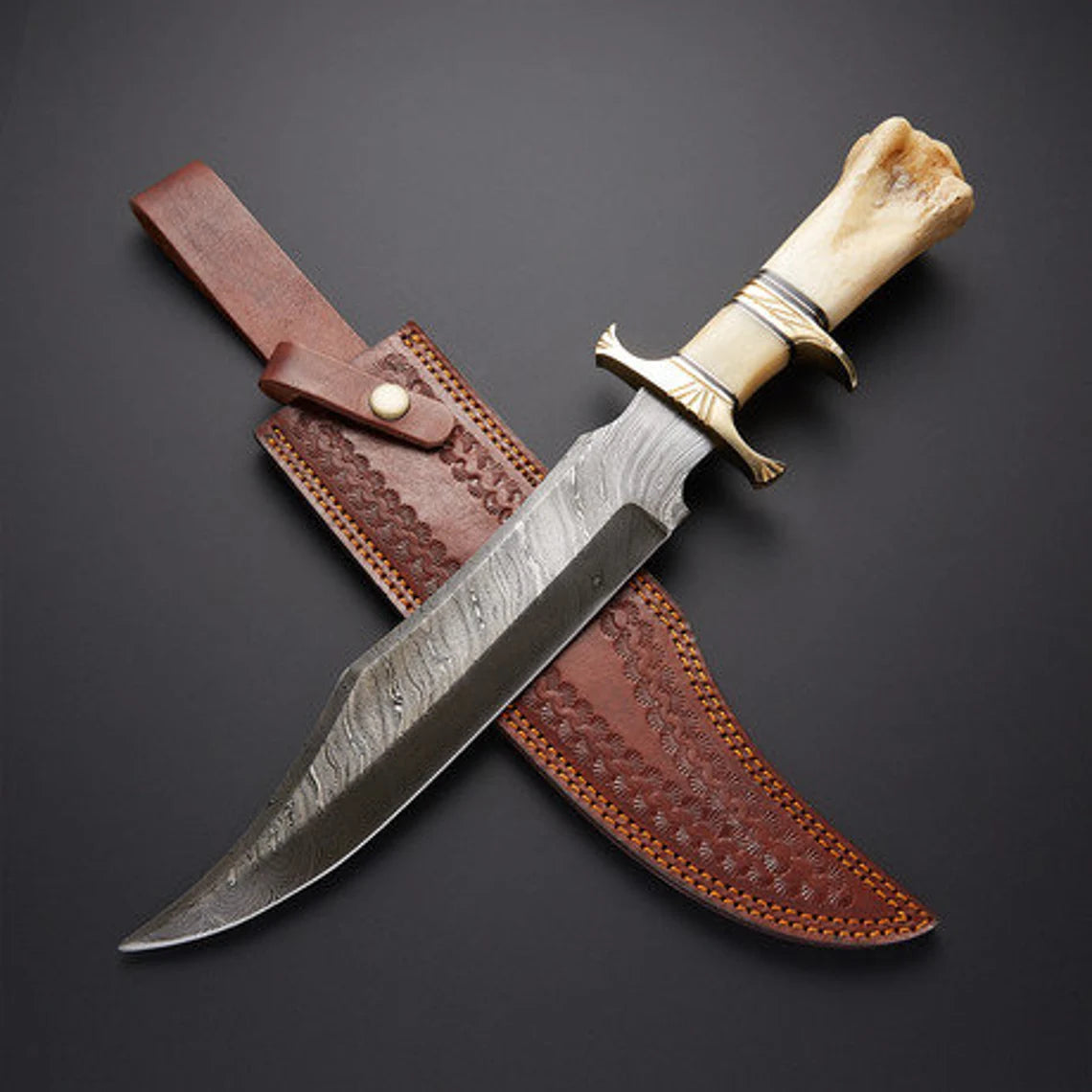 HAND-FORGED VIKING HUNTING KNIFE WITH CAMEL BONE HANDLE AND LEATHER SHEATH