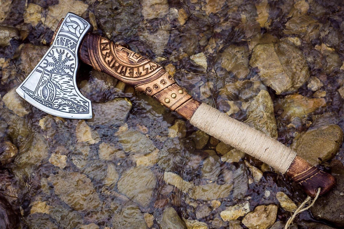 Engraved Viking Battle Axe with Inscribed Brown Leather Handle