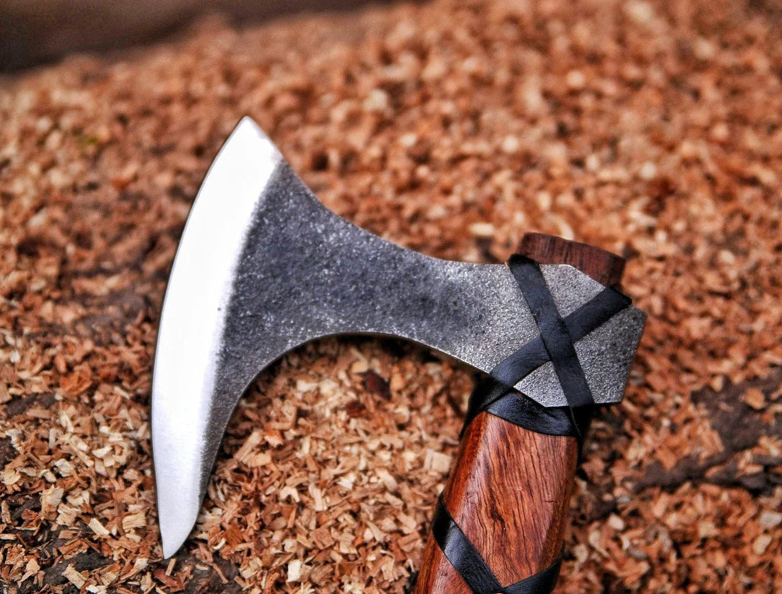 RAGNAR VIKING BATTLE AXE WITH LEATHER-WRAPPED ROSEWOOD HANDLE