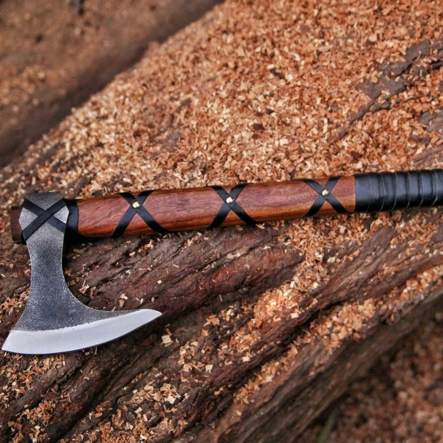 RAGNAR VIKING BATTLE AXE WITH LEATHER-WRAPPED ROSEWOOD HANDLE