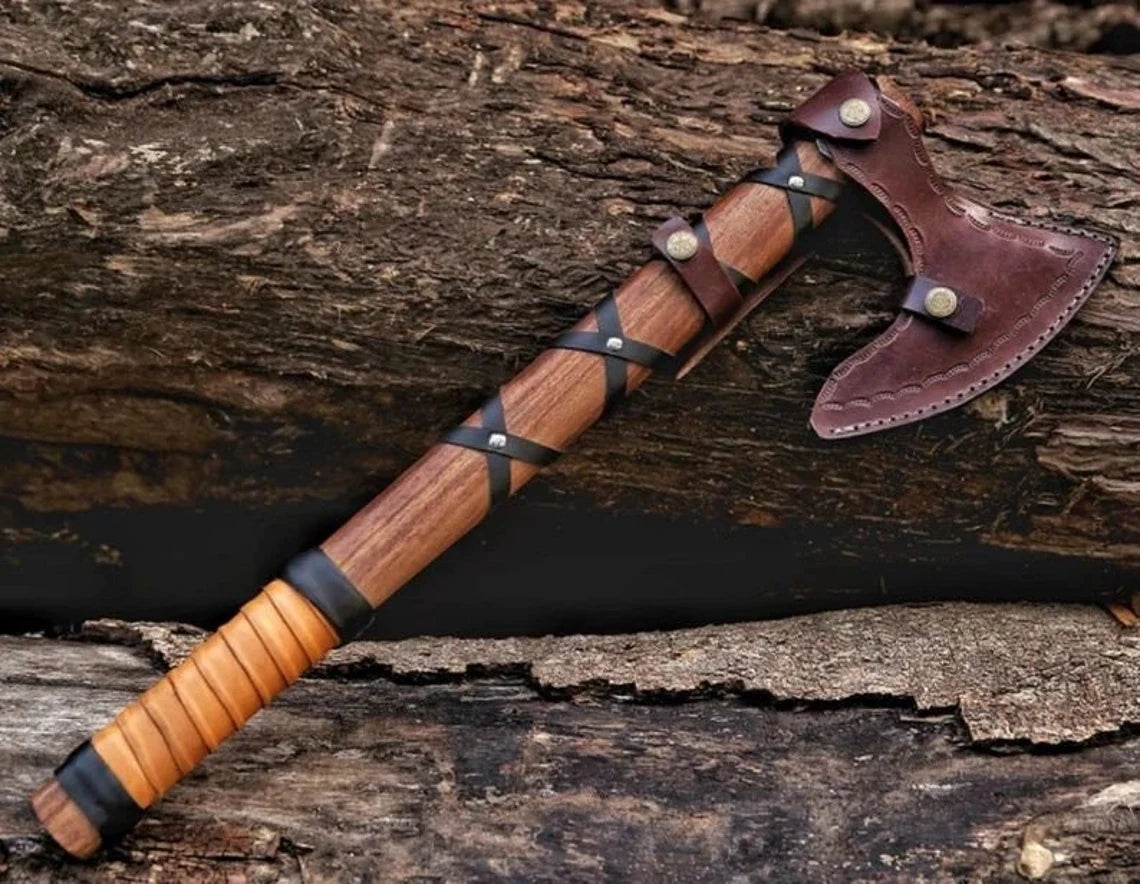 RAGNAR VIKING BATTLE AXE WITH LEATHER-WRAPPED ROSEWOOD HANDLE