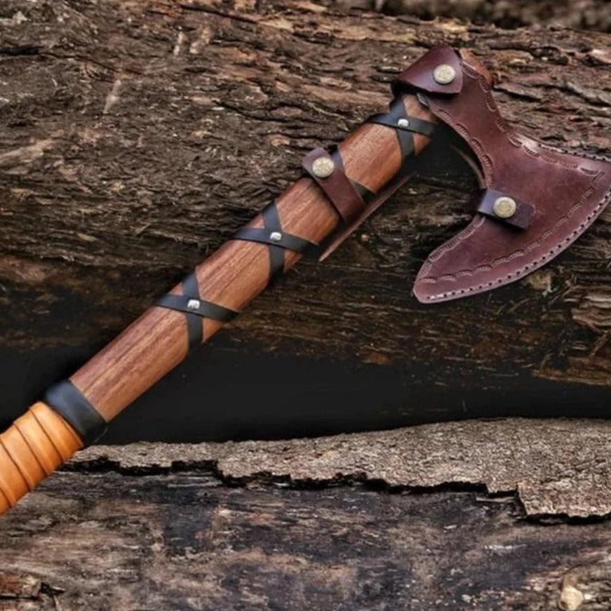 RAGNAR VIKING BATTLE AXE WITH LEATHER-WRAPPED ROSEWOOD HANDLE