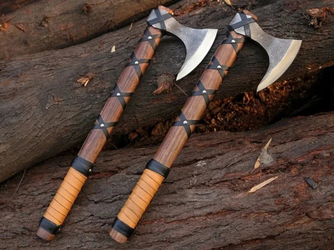 RAGNAR VIKING BATTLE AXE WITH LEATHER-WRAPPED ROSEWOOD HANDLE