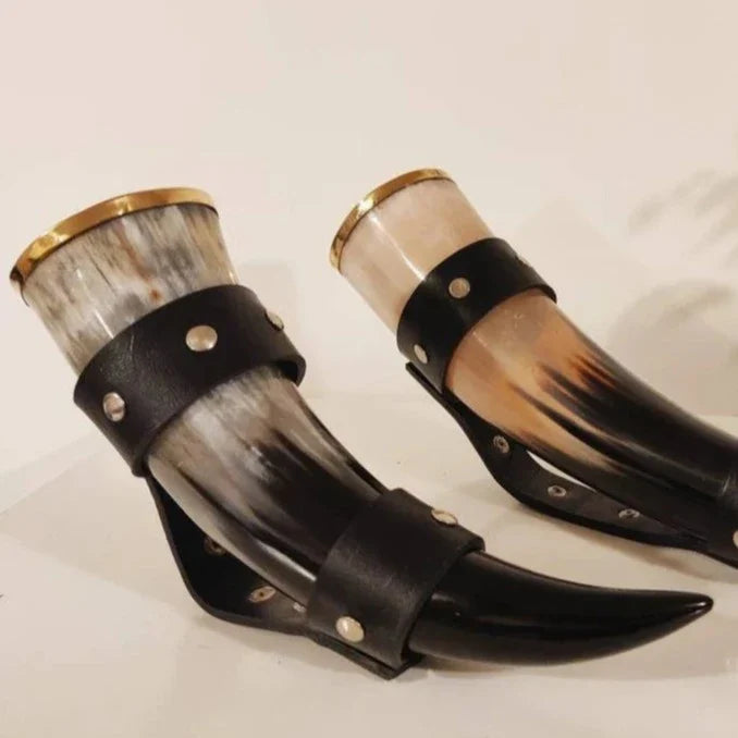 DRINKING HORN WITH LEATHER STRAP HANDLE