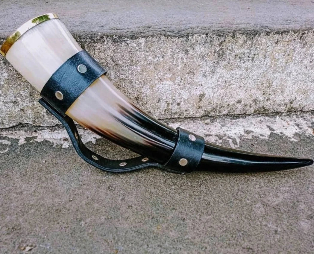 DRINKING HORN WITH LEATHER STRAP HANDLE