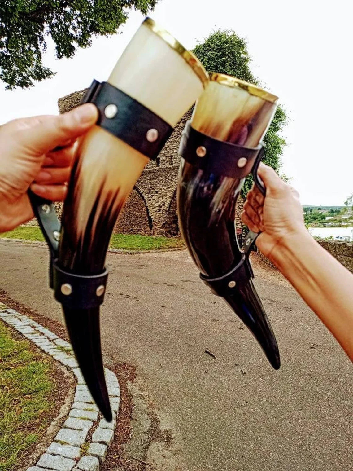 DRINKING HORN WITH LEATHER STRAP HANDLE