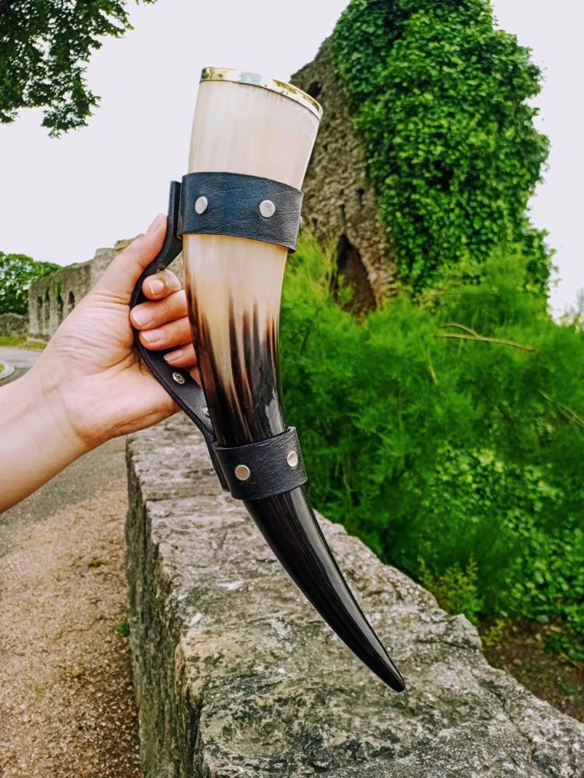 DRINKING HORN WITH LEATHER STRAP HANDLE