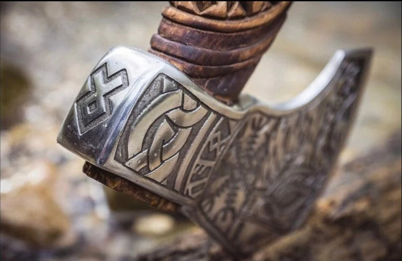 Engraved Viking Battle Axe with Inscribed Brown Leather Handle