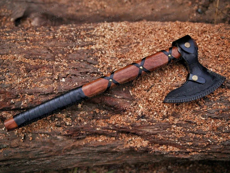 RAGNAR VIKING BATTLE AXE WITH LEATHER-WRAPPED ROSEWOOD HANDLE