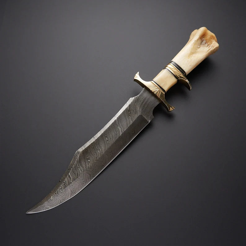 HAND-FORGED VIKING HUNTING KNIFE WITH CAMEL BONE HANDLE AND LEATHER SHEATH