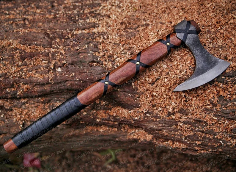 RAGNAR VIKING BATTLE AXE WITH LEATHER-WRAPPED ROSEWOOD HANDLE