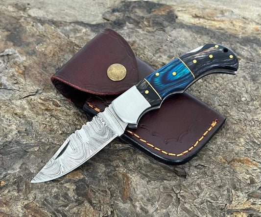 LAGERTHA HAND-FORGED FOLDING POCKET KNIFE WITH WOOD HANDLE AND LEATHER SHEATH