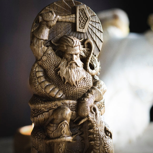 THOR IN BATTLE WITH JORMUNGAND SCULPTURE, NORDIC GOD WOOD CARVING STATUE