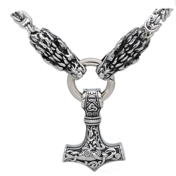 Braided King’s Chain with Two Dragon Heads and Mjolnir Pendant