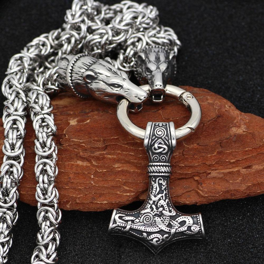 KING CHAIN WITH BEAR HEADS HOLDING MJOLNIR PENDANT