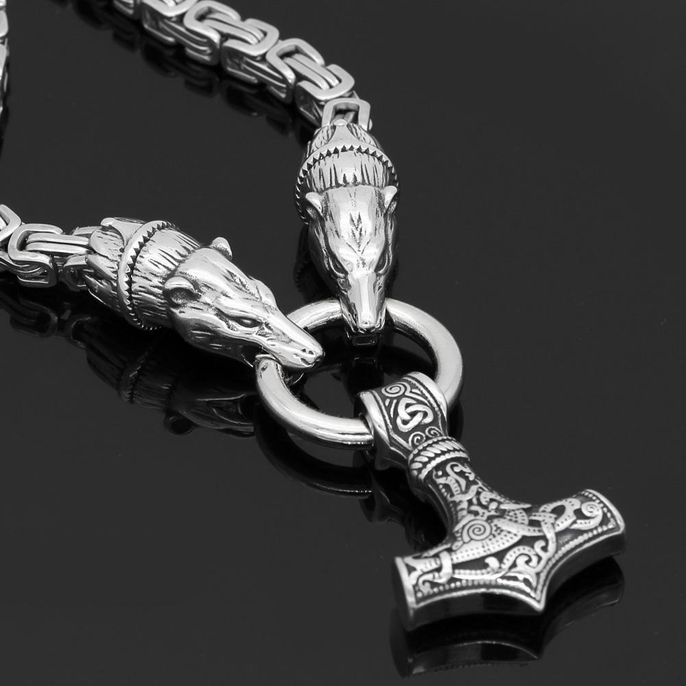 KING CHAIN WITH TWO BEAR HEADS HOLDING MJOLNIR PENDANT