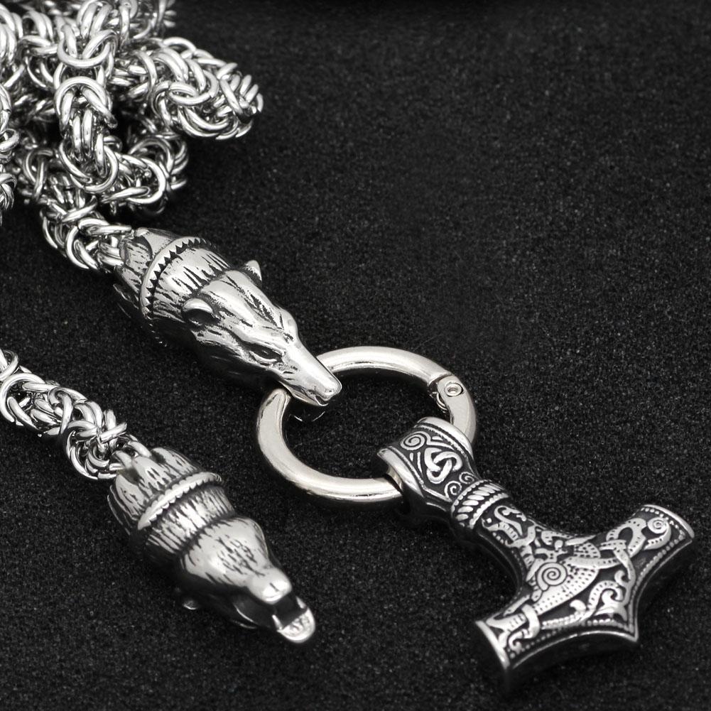 KING CHAIN WITH BEAR HEADS HOLDING MJOLNIR PENDANT