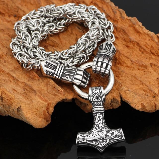 Braided King’s Chain with Berserker Holding Thor’s Mjolnir Pendant