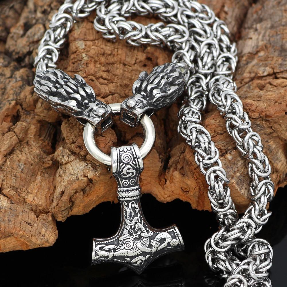 Braided King’s Chain with Two Dragon Heads and Mjolnir Pendant