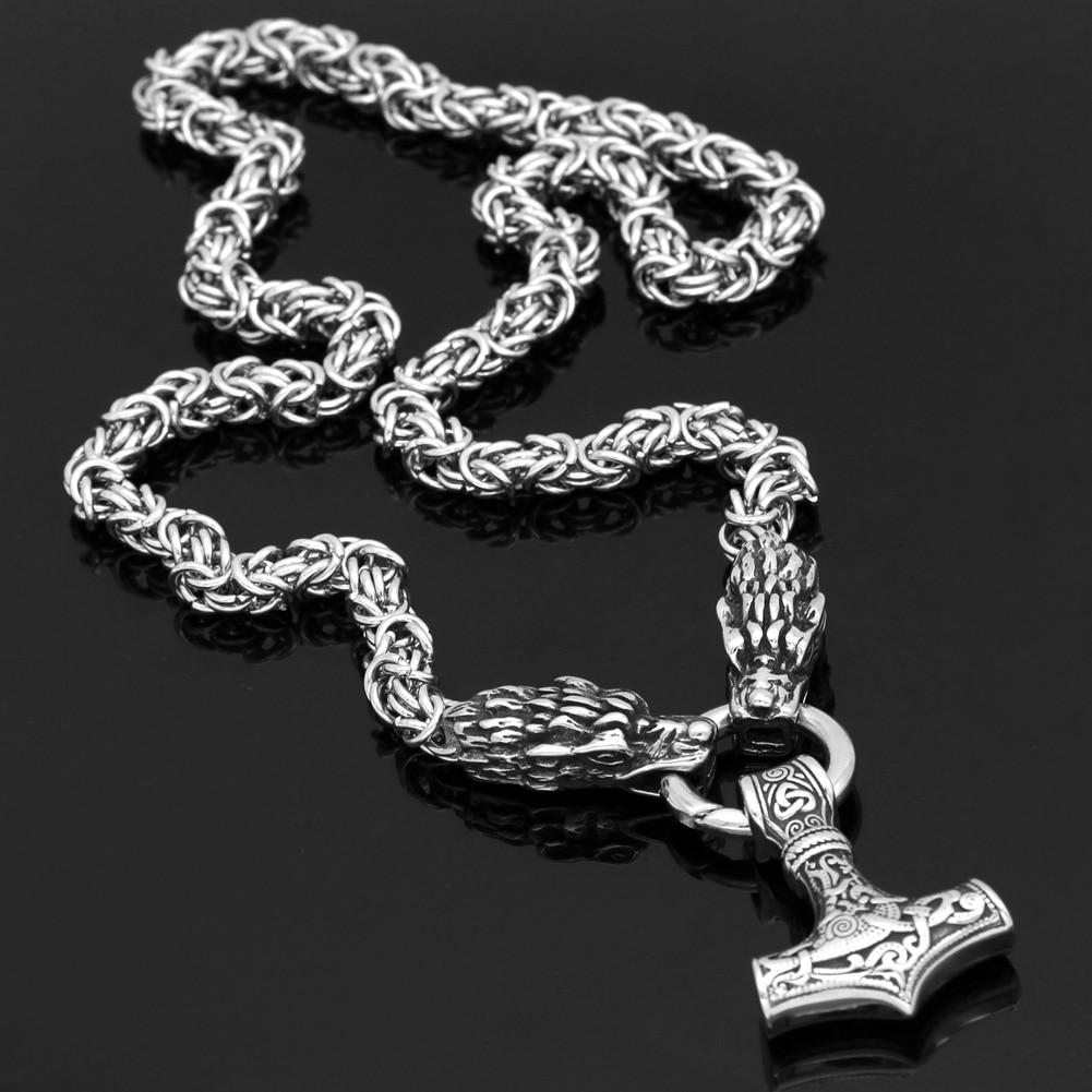 Braided King’s Chain with Two Dragon Heads and Mjolnir Pendant