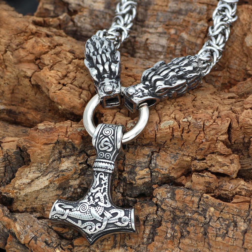 Braided King’s Chain with Two Dragon Heads and Mjolnir Pendant