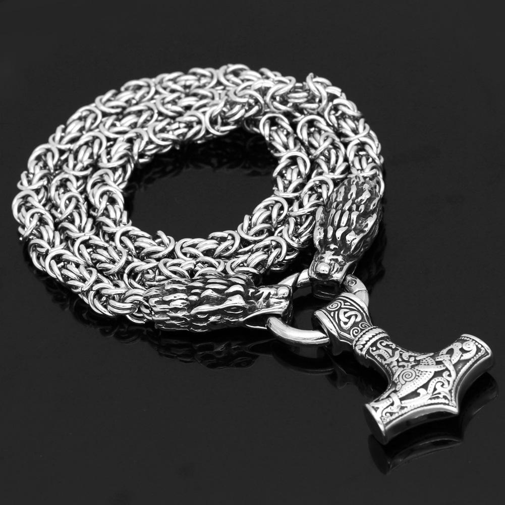 Braided King’s Chain with Two Dragon Heads and Mjolnir Pendant