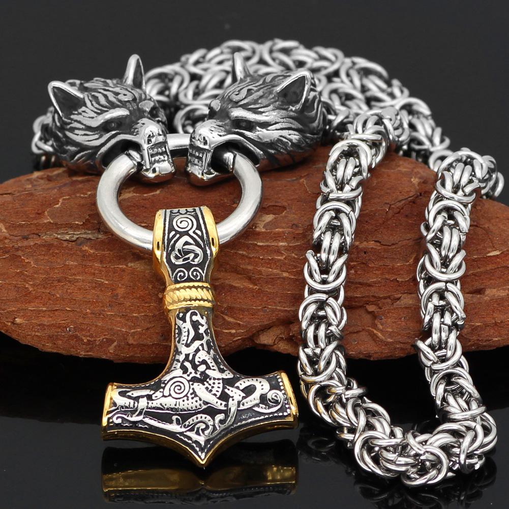 KING CHAIN WITH TWO WOLF HEADS AND GOLD-ACCENTED MJOLNIR PENDANT