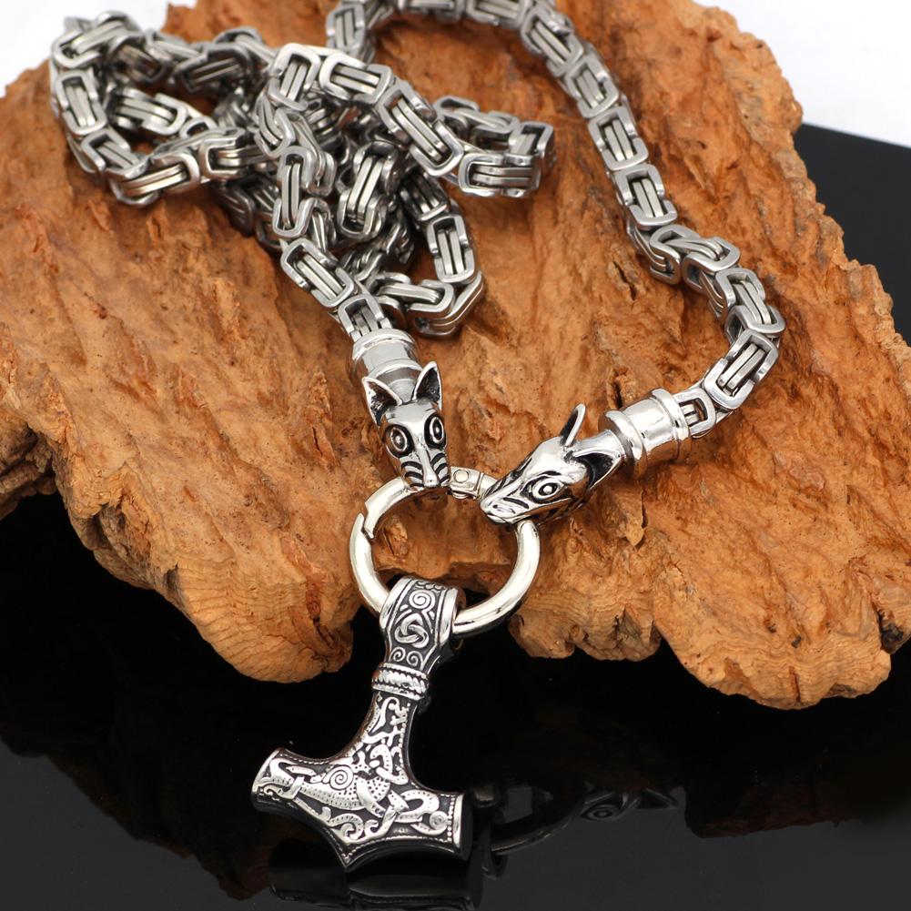 KING CHAIN WITH TWIN WOLVES AND MJOLNIR PENDANT