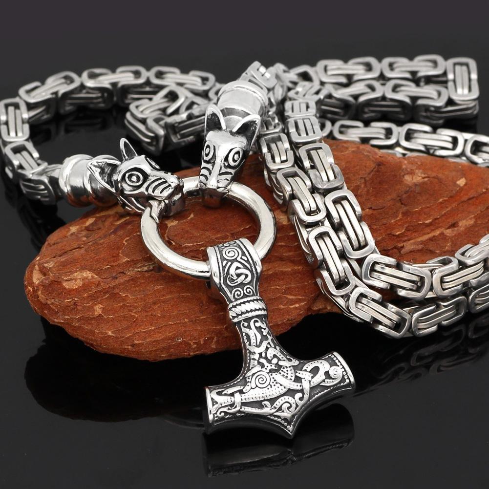 KING CHAIN WITH TWIN WOLVES AND MJOLNIR PENDANT